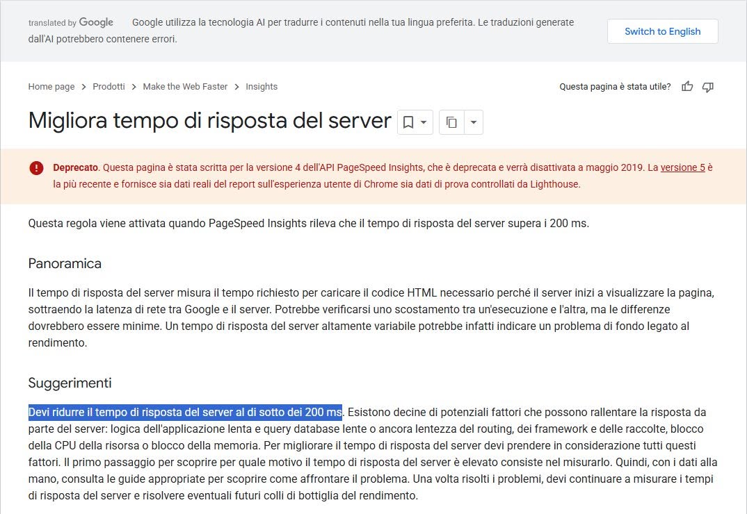 Page Google « Améliorer le temps de réponse du serveur » (« Migliora tempo di risposta del server »), marquée comme obsolète, avec la phrase « You should reduce server response time to below 200 ms » (Vous devriez réduire le temps de réponse du serveur à moins de 200 ms) mise en évidence