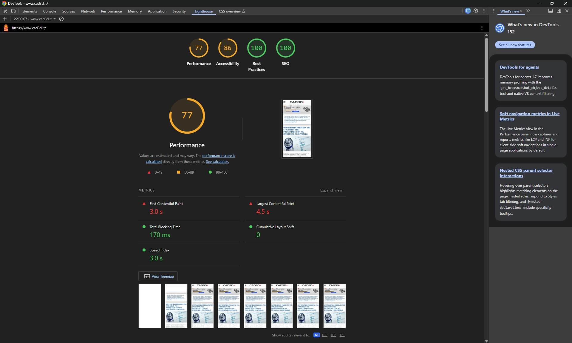 Exécution de Lighthouse depuis Chrome DevTools sur la même page : performances 77, FCP 3,0 s, LCP 4,5 s, Total Blocking Time 170 ms, CLS 0