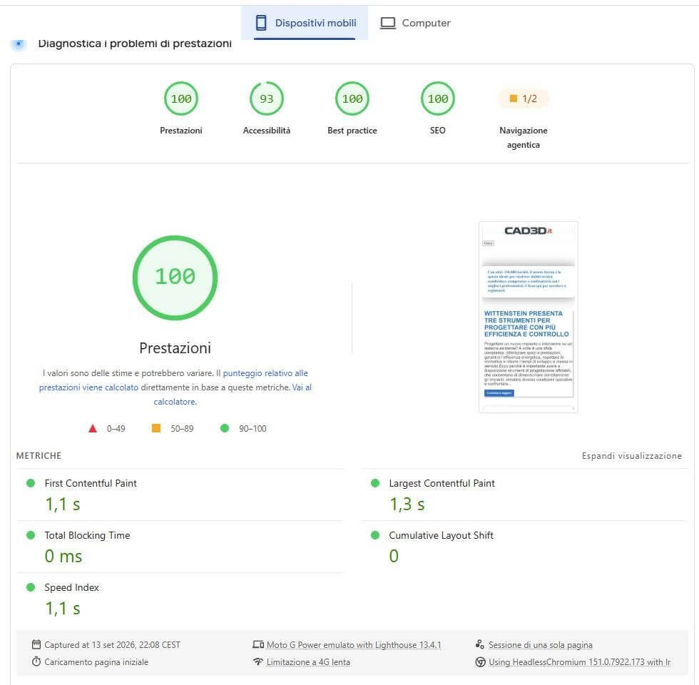 Résultat mobile de Google PageSpeed Insights : performances 100, FCP 1,1 s, LCP 1,3 s, Total Blocking Time 0 ms, CLS 0