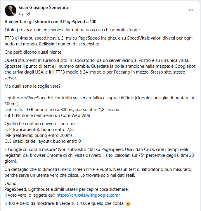 Capture d’écran du post de Sean Giuseppe Semeraro intitulé « A voler fare gli sboroni con il PageSpeed a 100 » (Frimer avec un score PageSpeed de 100) dans le groupe Facebook WordPress Italia